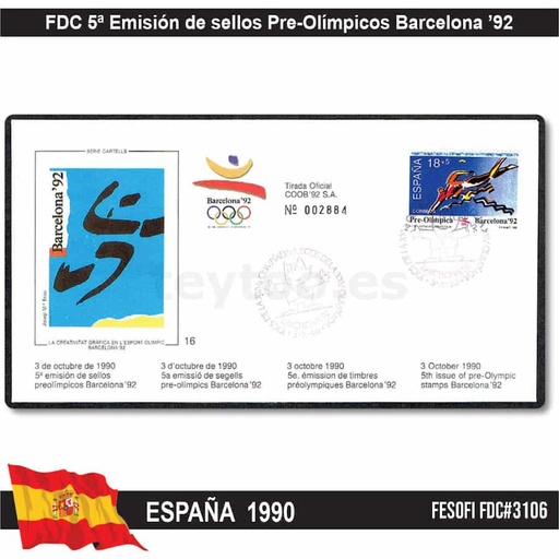 [E0006.1#] España 1990, FDC 5ª Emisión de sellos Pre-Olímpicos (N) FE#3106