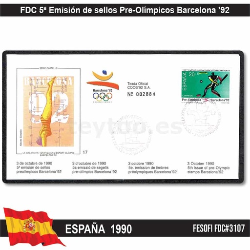 [E0018.1#] España 1990, FDC 5ª Emisión de sellos Pre-Olímpicos (N) FE#3107