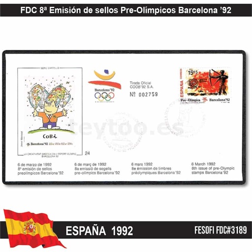 [E0036.1#] España 1992, FDC 8ª Emisión de sellos Pre-Olímpicos (N) FE#3189