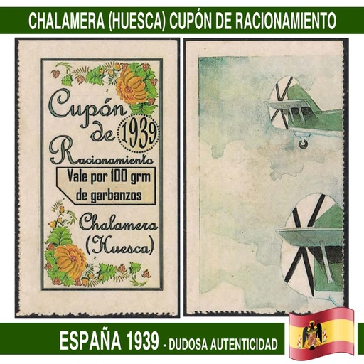 [C1262.1#] España 1939. Chalamera (Huesca). Cupón de racionamiento