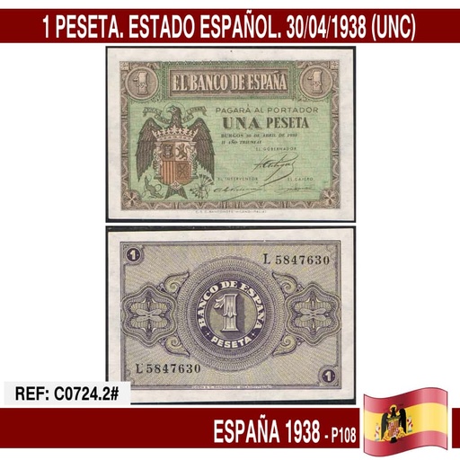 [C0724.2#] España 1938. 1 pts. Estado Español (UNC) P108a