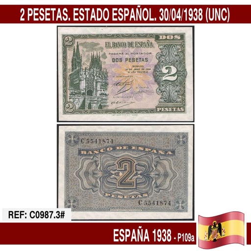 [C0987.3#] España 1938. 2 pts. Estado Español (UNC) P109a