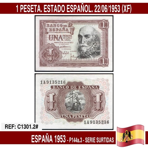 [C1647.2#] España 1953. 1 pts. Estado Español (XF) P144a.1
