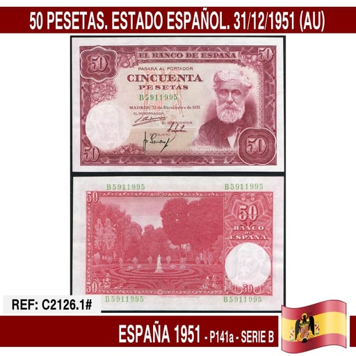 [C2126.1#] España 1951. 50 pts. Estado Español (AU) P-141a