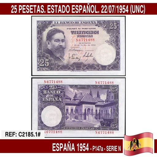 [C2185.1#] España 1954. 25 pts. Estado Español (UNC) P-147a