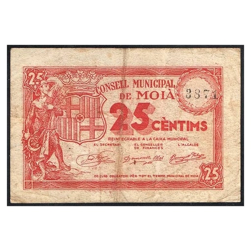 [#C0008#] España 1936-39 [BLL] 25 cts. Ayuntamiento de Moià (F)