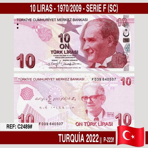 [C2489#] Turquía 2022. 10 liras. 1970/2009 - Serie F (UNC) P-223f